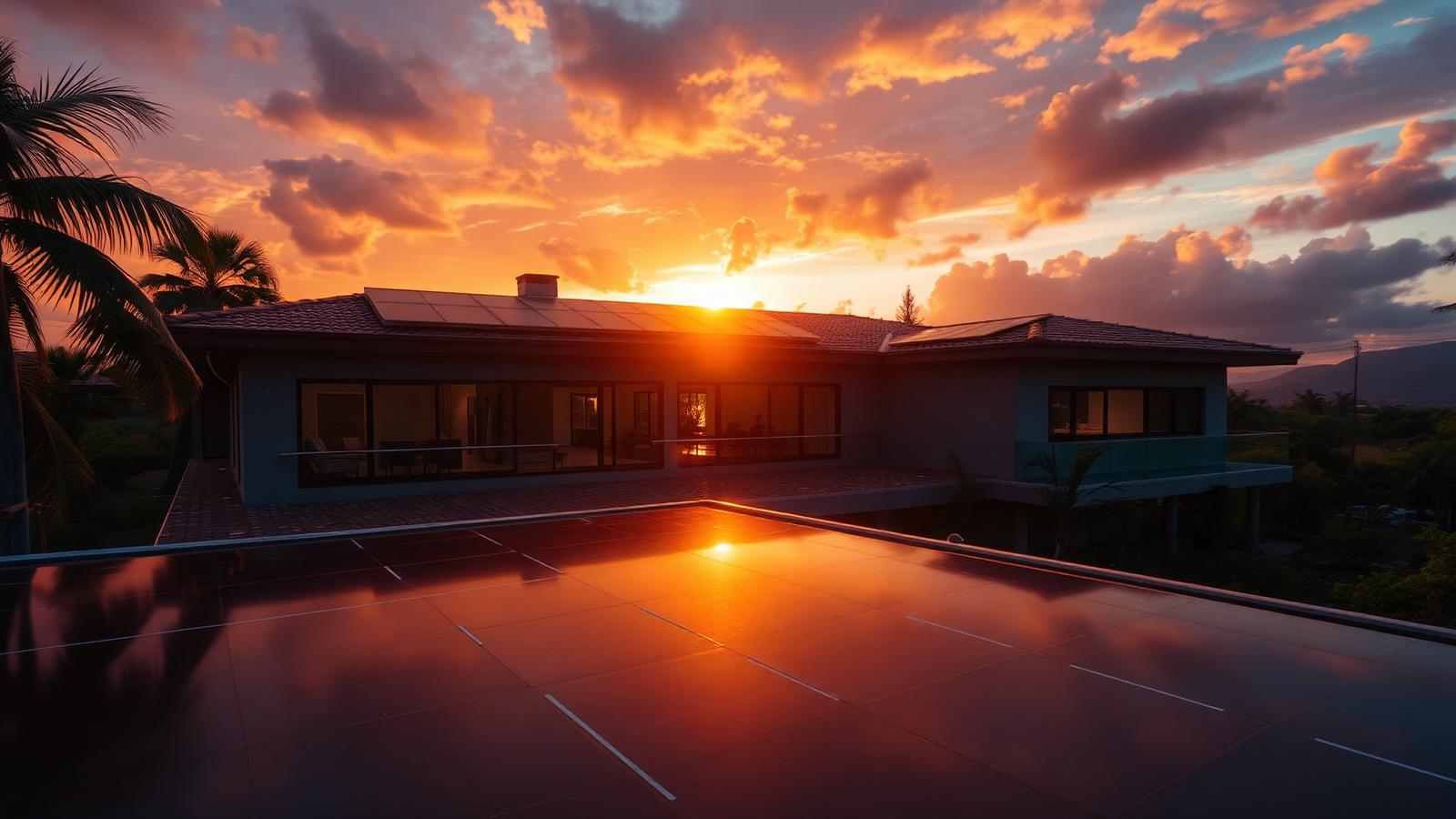 Casa moderna com painéis solares no telhado ao pôr do sol